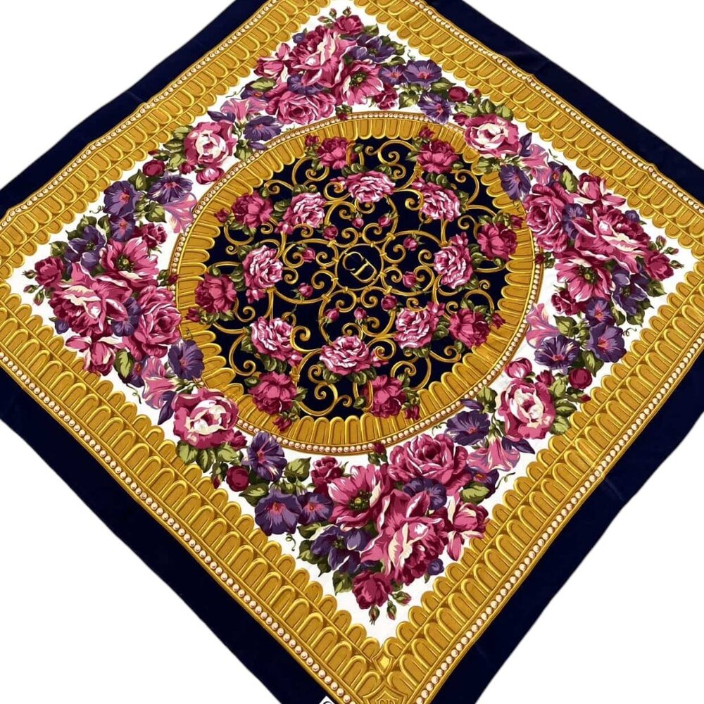 Gorgeous CHRISTIAN DIOR Floral Gold & Navy Flower Scarf Square Silk Carre 90